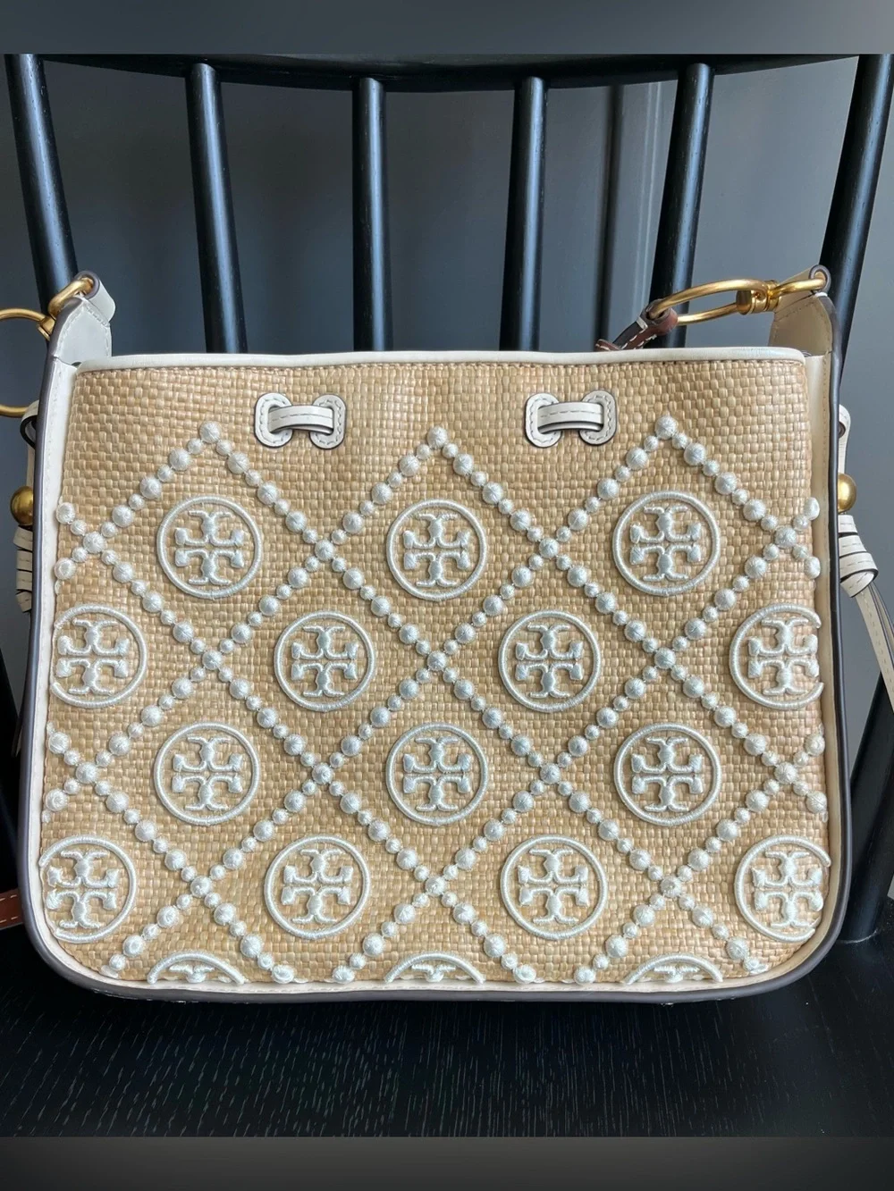 Tory Burch Jacquard Straw Monogram Bag - Picture 2 of 3